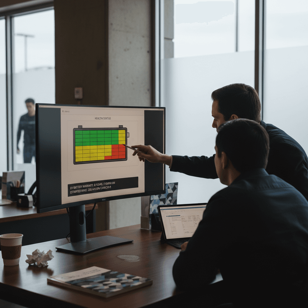 Service advisor discussing EV battery warranty and health report with a used EV buyer in a modern showroom