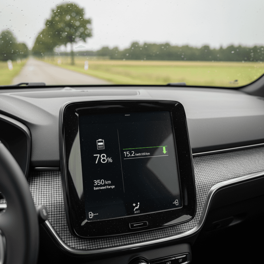 Volvo EX30 digital display showing remaining battery percentage, estimated range and energy consumption while driving