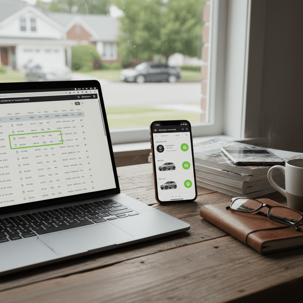 Shopper comparing used electric vehicle listings online with detailed battery health scores and prices side by side.