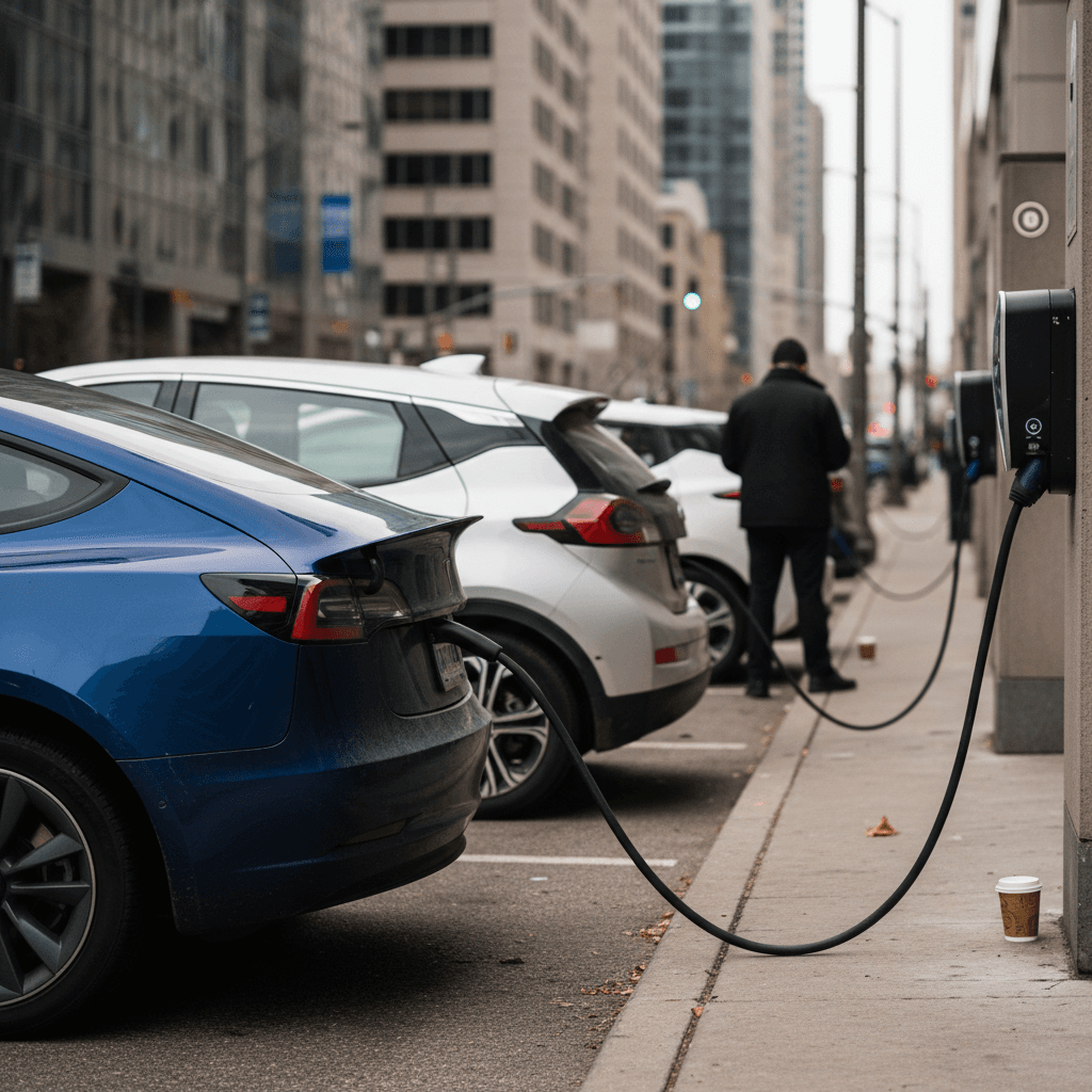 Lineup of popular used electric vehicles like Tesla Model 3, Chevrolet Bolt, and Nissan Leaf parked at an urban charging hub, ready for Uber and Lyft rideshare work