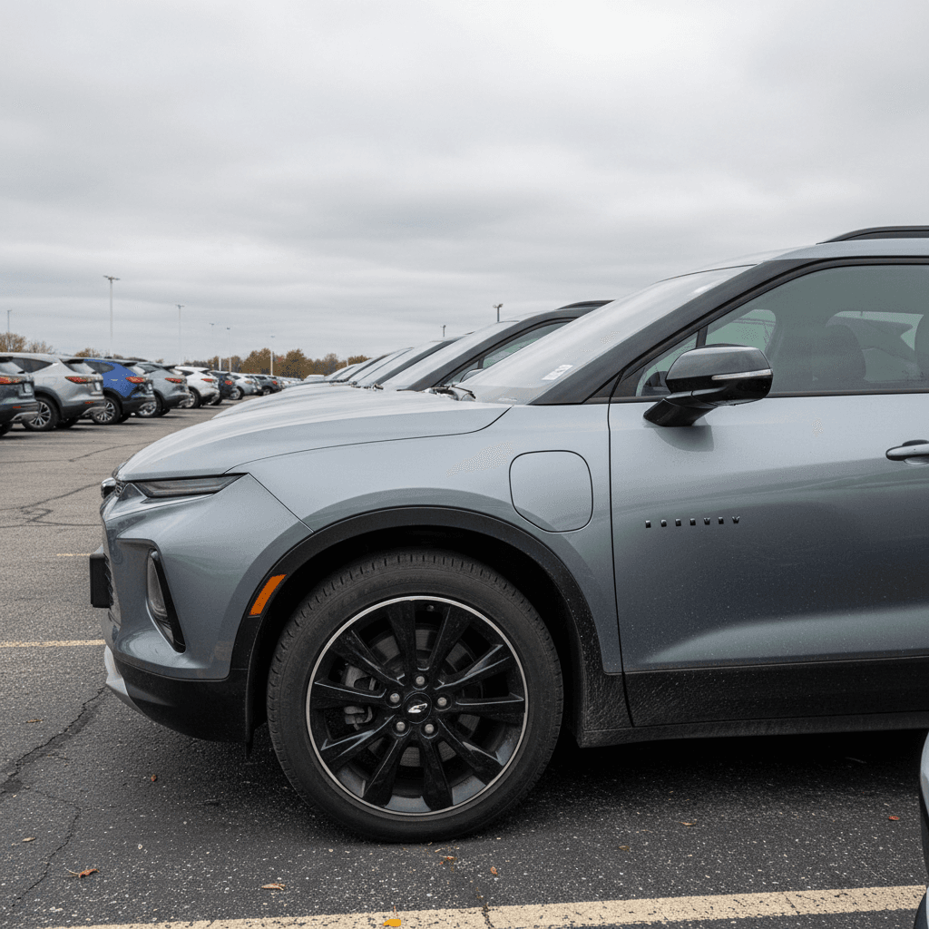 Row of used Chevy Blazer EV electric SUVs parked on a dealer lot, highlighting their potential resale value in 2025