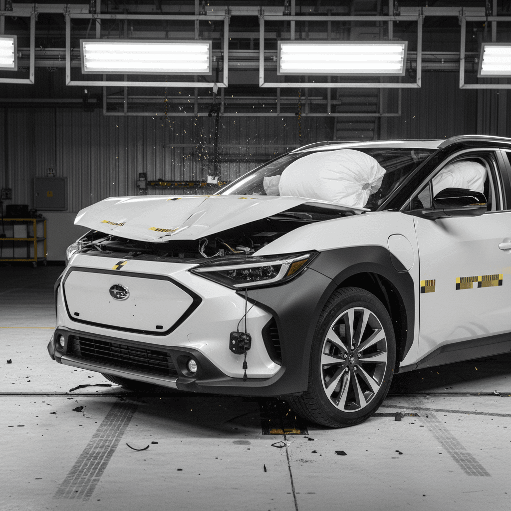 Subaru Solterra body structure with crash-test dummies and deployed airbags in a controlled laboratory crash test