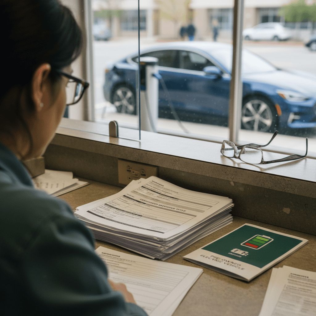 DMV clerk reviewing a used electric car title and registration paperwork while the EV sits outside the window