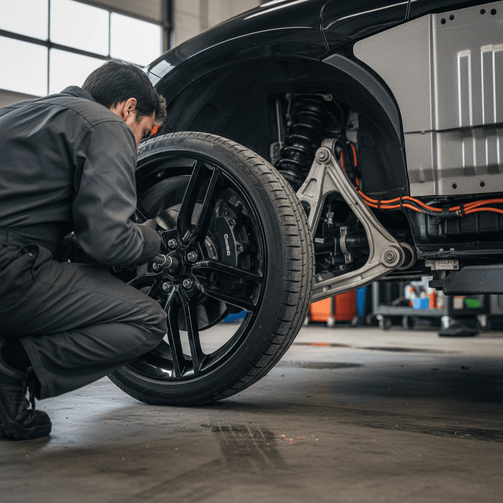 Technician rotating tires and inspecting brakes on a Chevy Silverado EV in a service bay