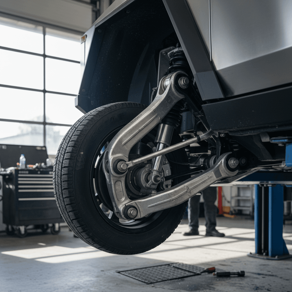 Tesla Cybertruck wheel and suspension components lifted in a service bay for inspection