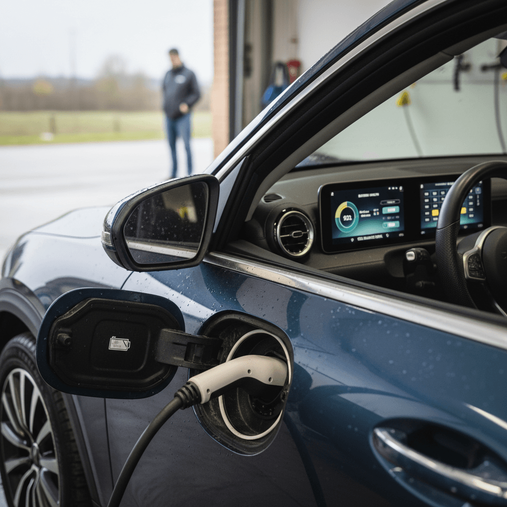 VW ID.4 plugged into a home wallbox charger in a modern garage