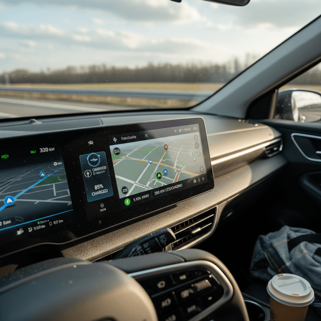Electric vehicle dashboard showing navigation, remaining range, and nearby fast chargers on a road trip route