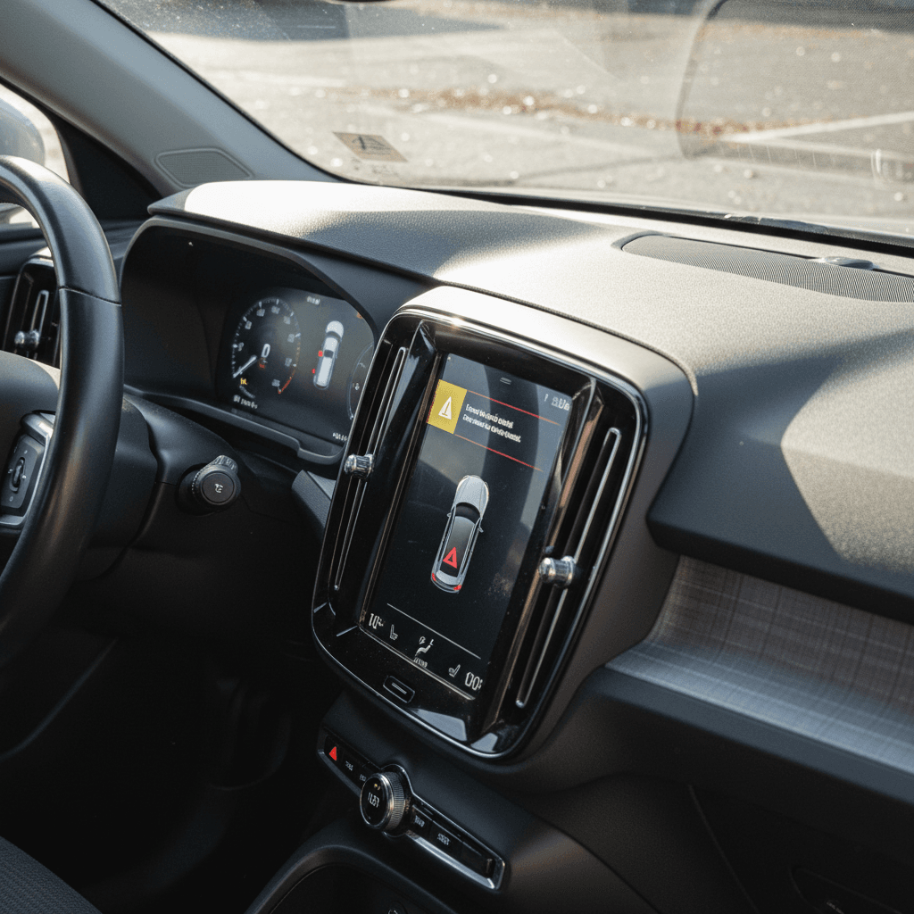 Close view of a Volvo C40 Recharge digital cluster showing state of charge and estimated remaining range on the highway