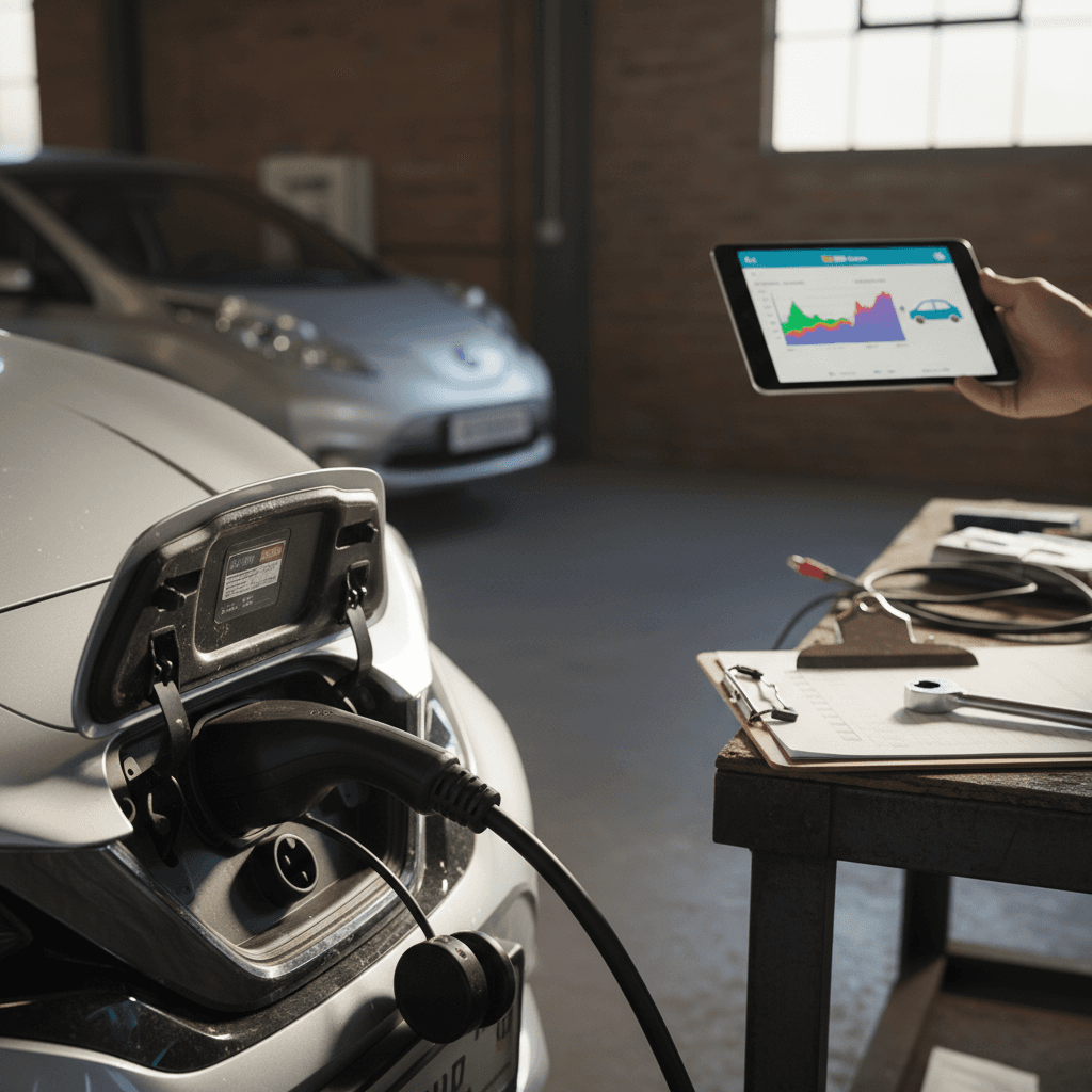 A used electric car parked on a city street beside other vehicles