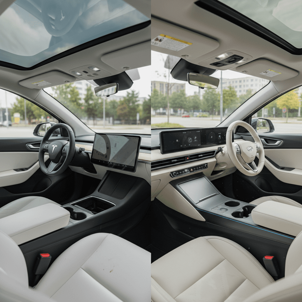 Side‑by‑side view of Tesla Model Y and Hyundai IONIQ 5 interiors highlighting different dashboard layouts and seating
