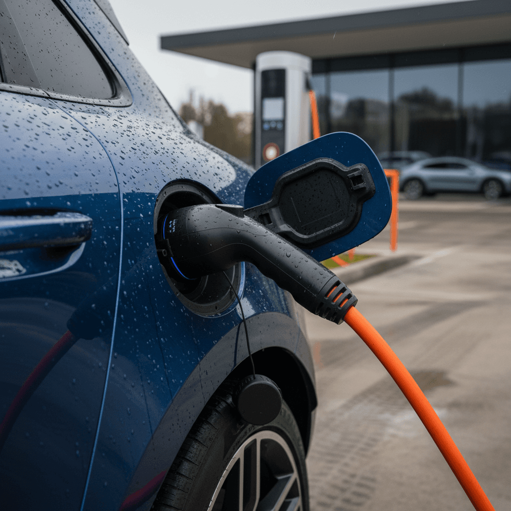 Close-up of a Porsche Macan Electric charging at a fast charger
