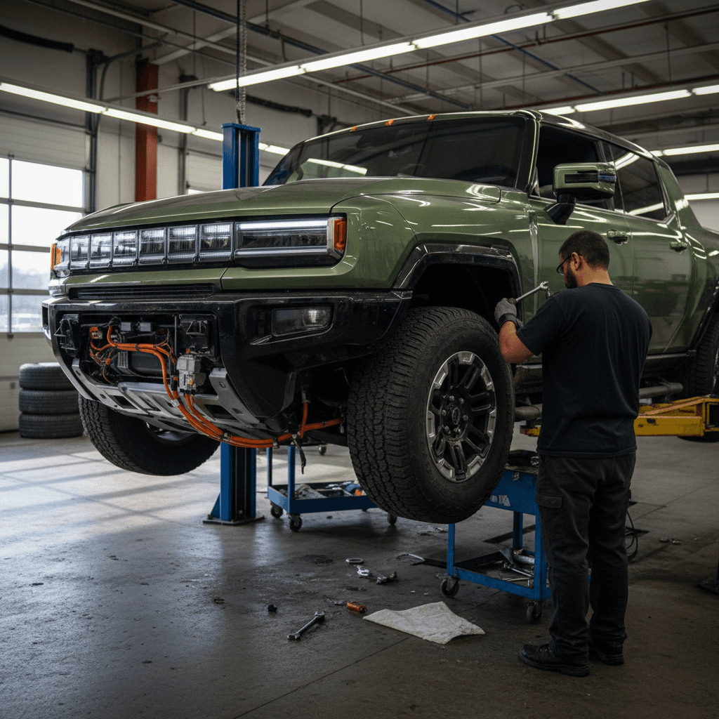 GMC Hummer EV raised on a lift in a dealership service bay with technician inspecting suspension and battery underbody