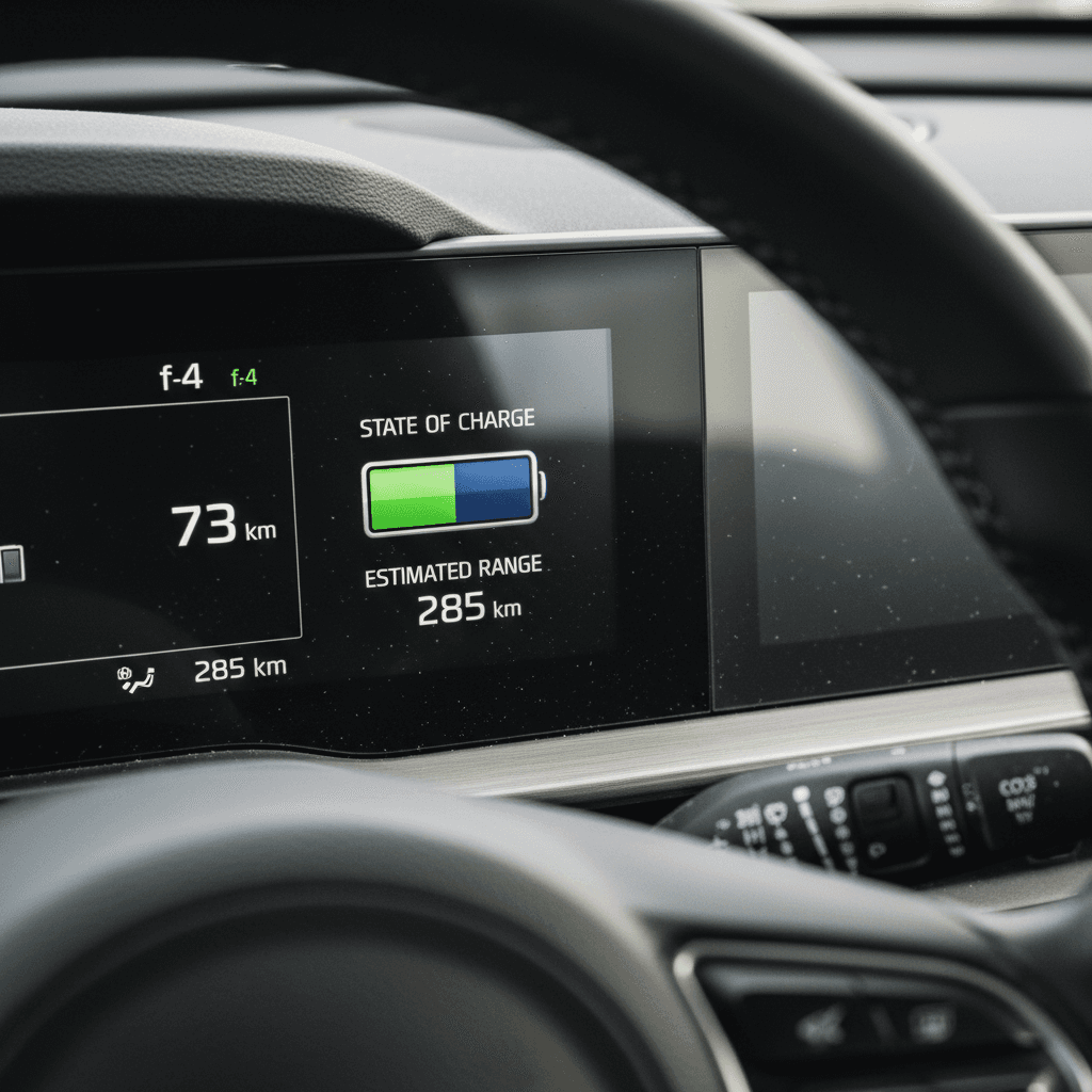 Close-up of a Ford Mustang Mach-E charge port while plugged in, with battery status visible on the center screen.