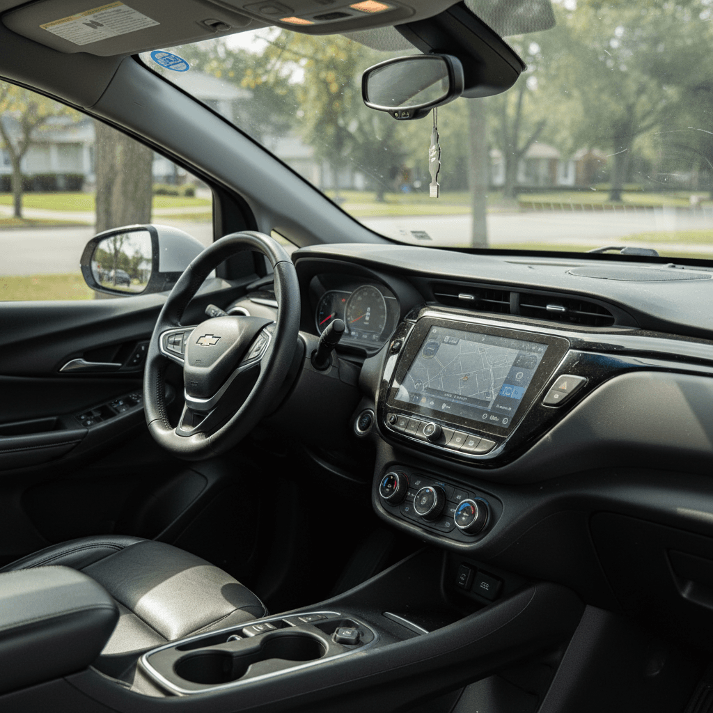 Front interior view of a 2022 Chevy Bolt EUV showing the dashboard, steering wheel, and large center touchscreen