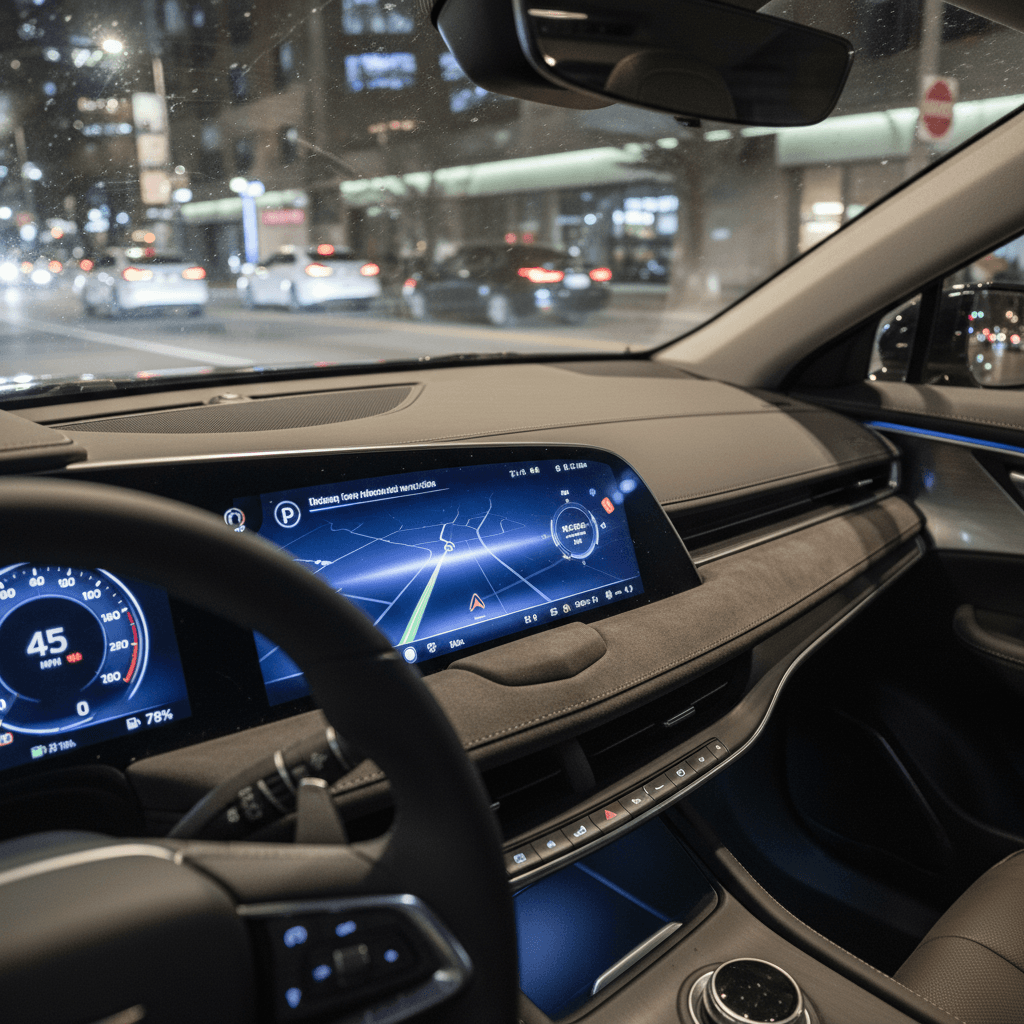 Digital instrument cluster and center display in a 2023 Cadillac Lyriq showing navigation and EV information