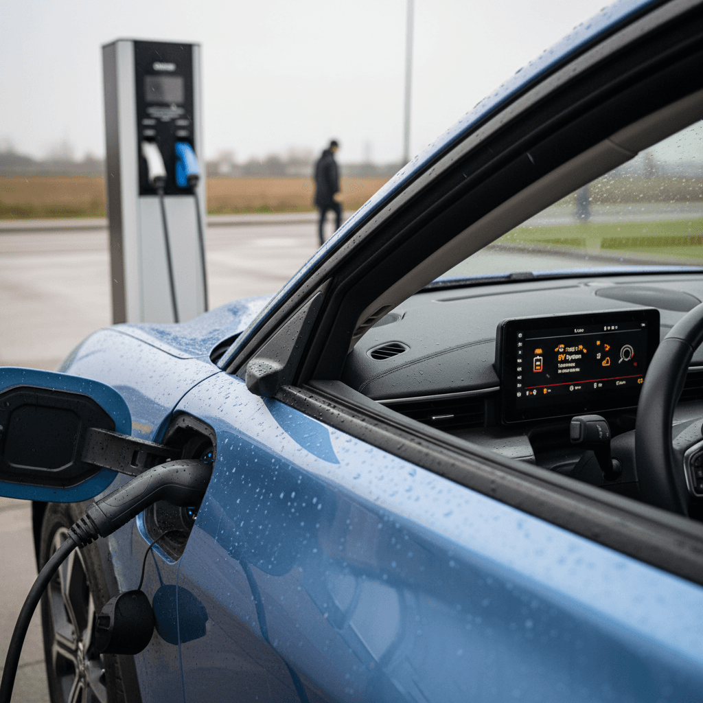 Volkswagen ID.4 plugged into a public EV charger with warning lights visible on the digital dashboard