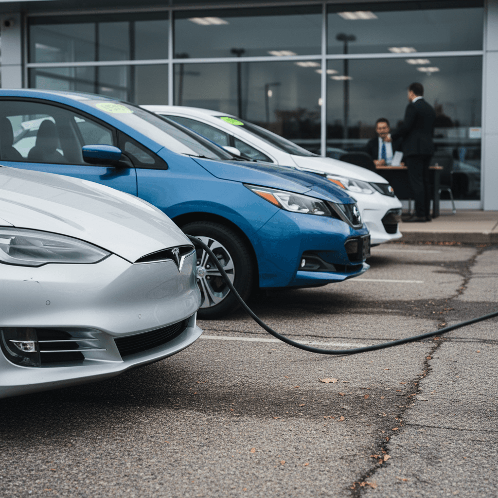 Row of used electric vehicles parked together on a dealership lot