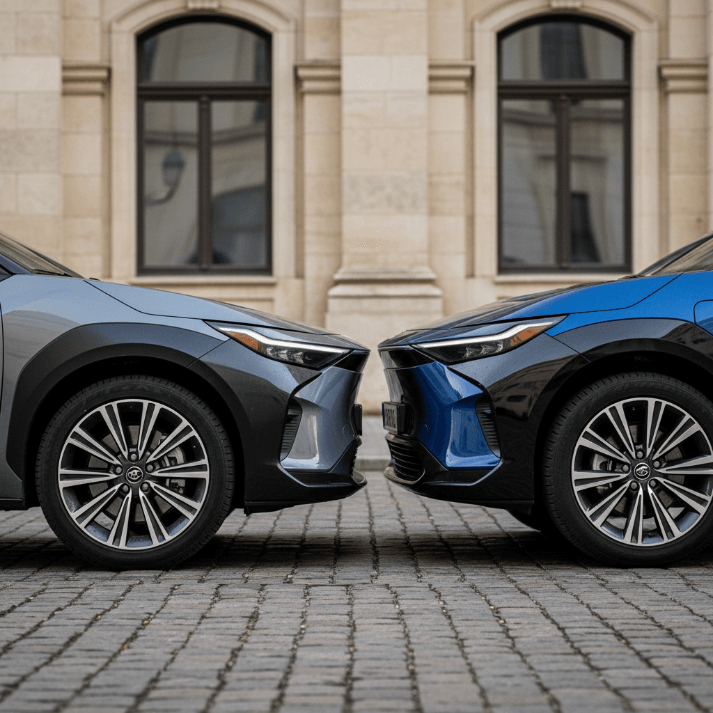 Toyota bZ4X XLE and Limited parked side by side highlighting wheel and trim differences