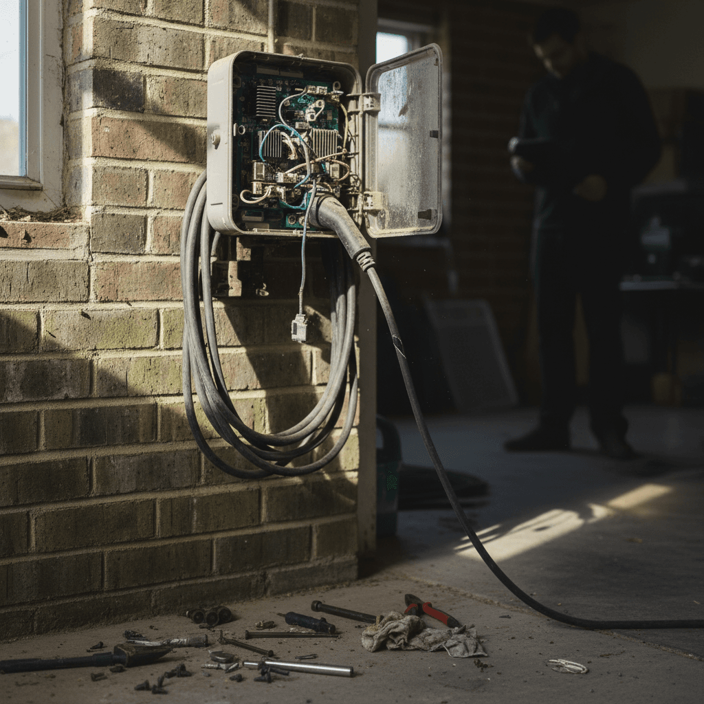 Close-up of an electric car charge port with a connector inserted and a red error light illuminated above it.