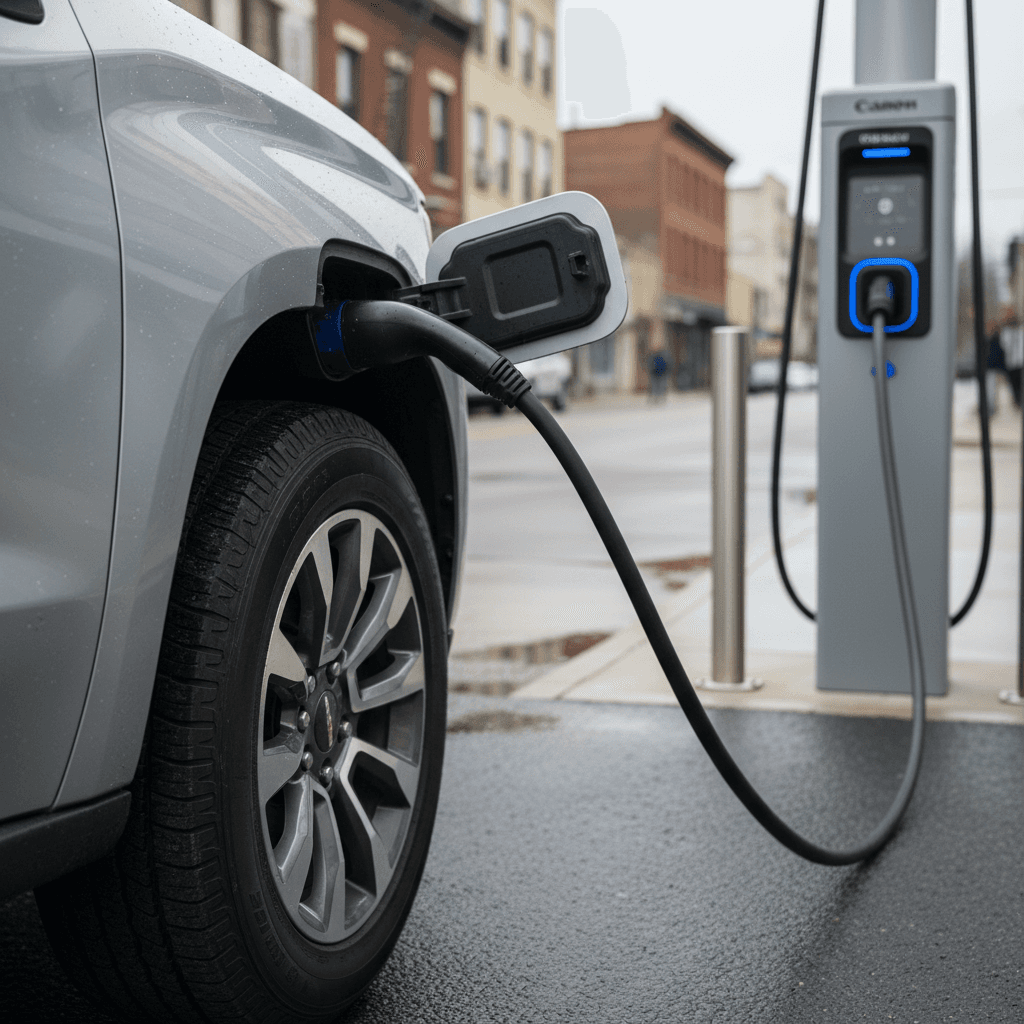 2025 Chevy Silverado EV plugged into a public fast charger with driver checking a phone app