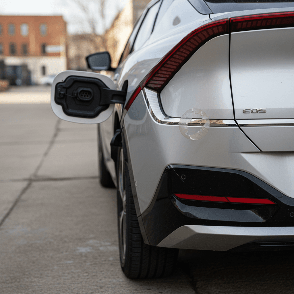 2025 Kia EV6 charging at a fast charger using the NACS connector on the left rear fender