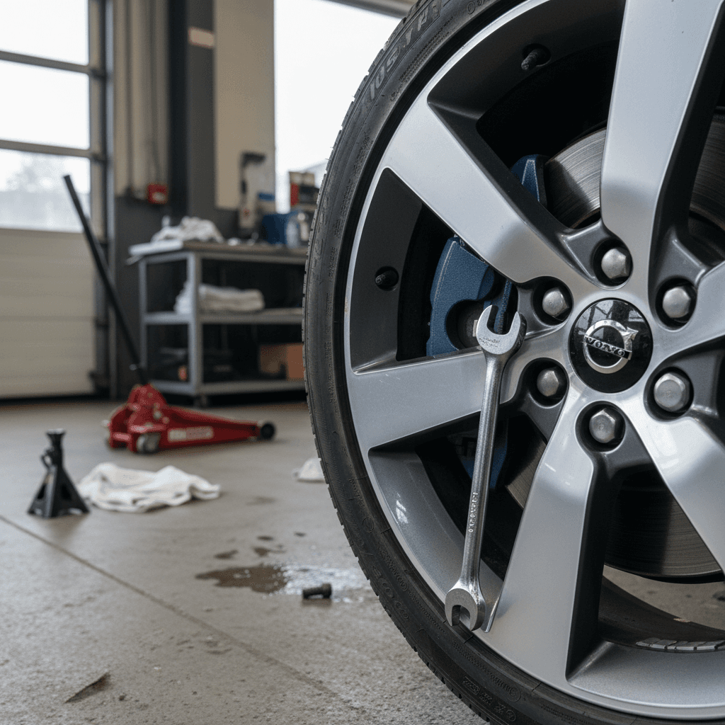 Volvo XC40 Recharge on a lift with a technician inspecting the front brakes and suspension