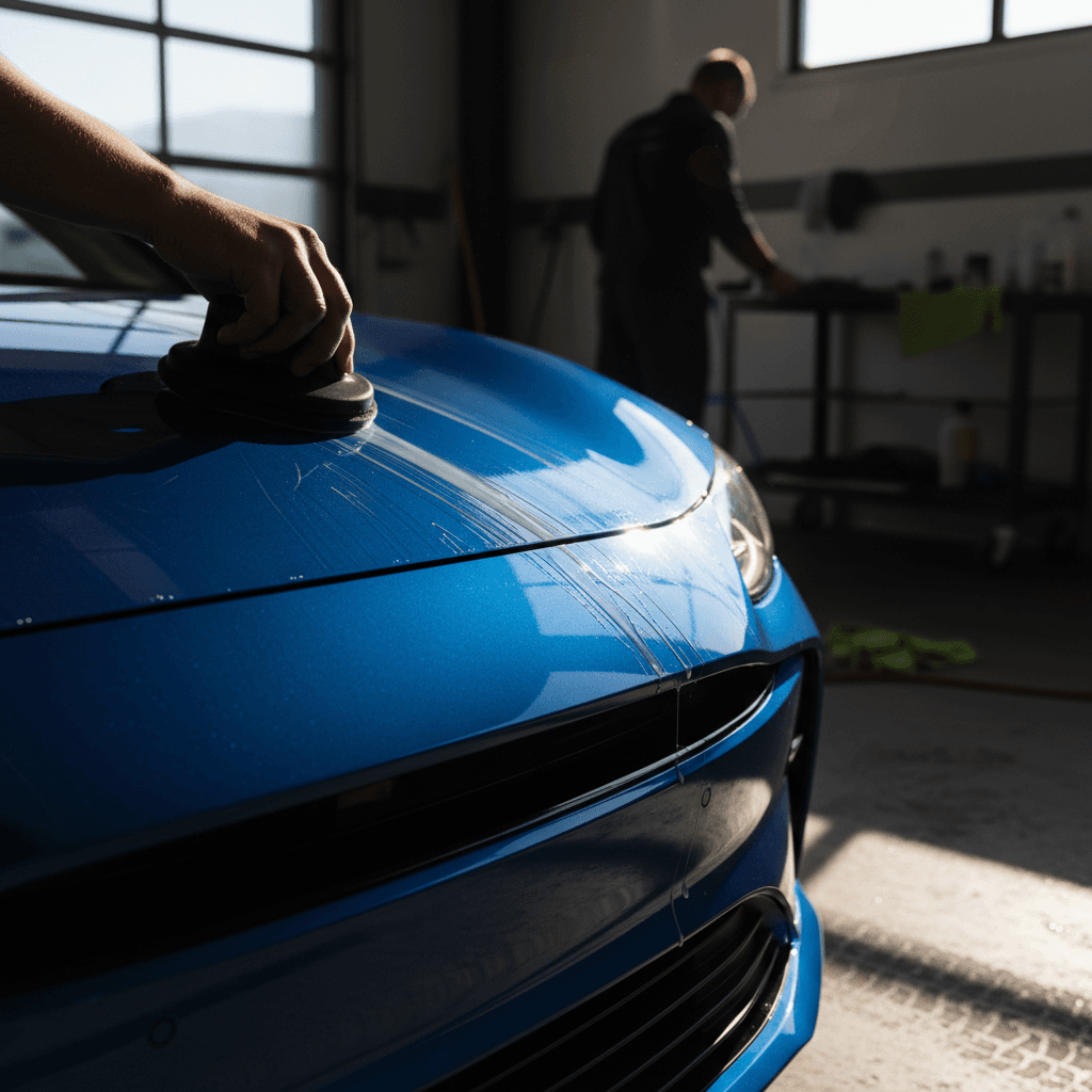 Detailer wiping down blue electric car hood while applying ceramic coating