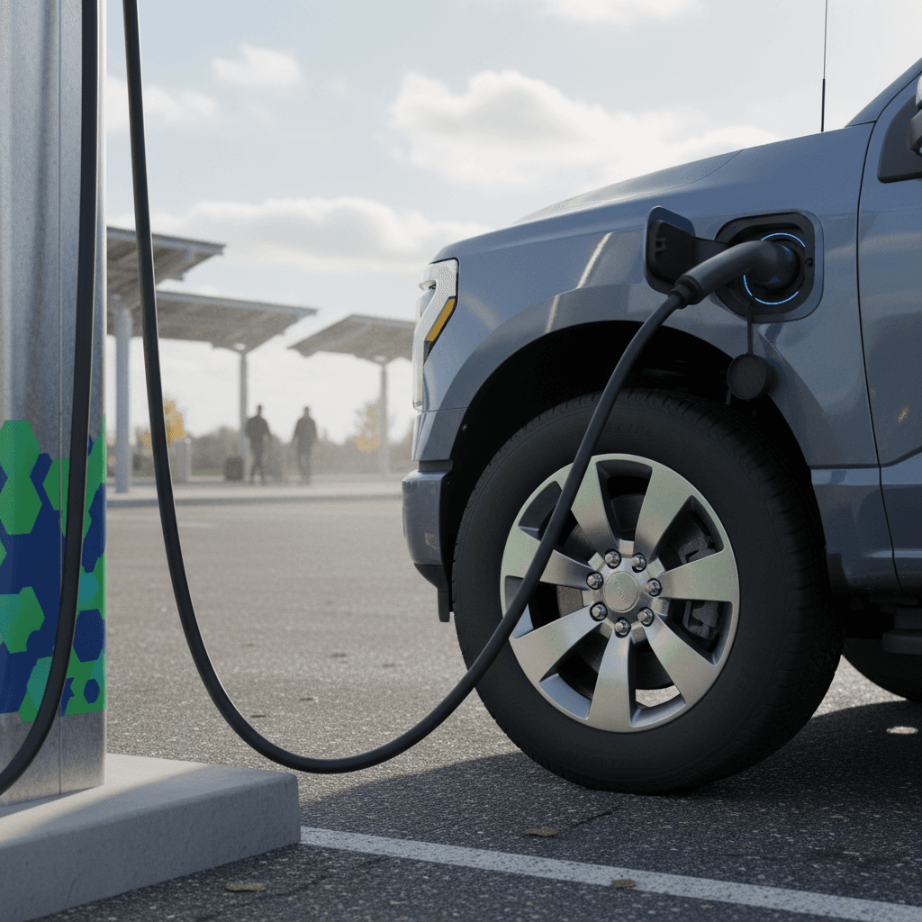2025 Ford F-150 Lightning connected to a DC fast charger at a public charging station along the highway