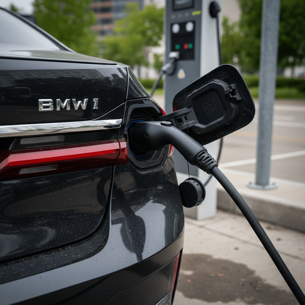 BMW i7 charging port and rear badging visible while plugged into a DC fast charger
