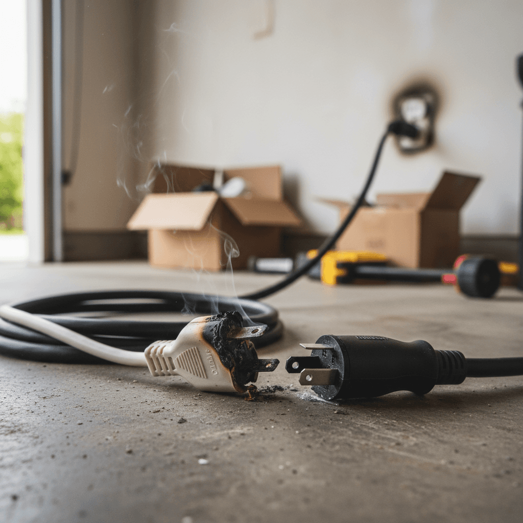 Overheated household extension cord plug next to an EV charging cable, showing why cords are unsafe for EV charging