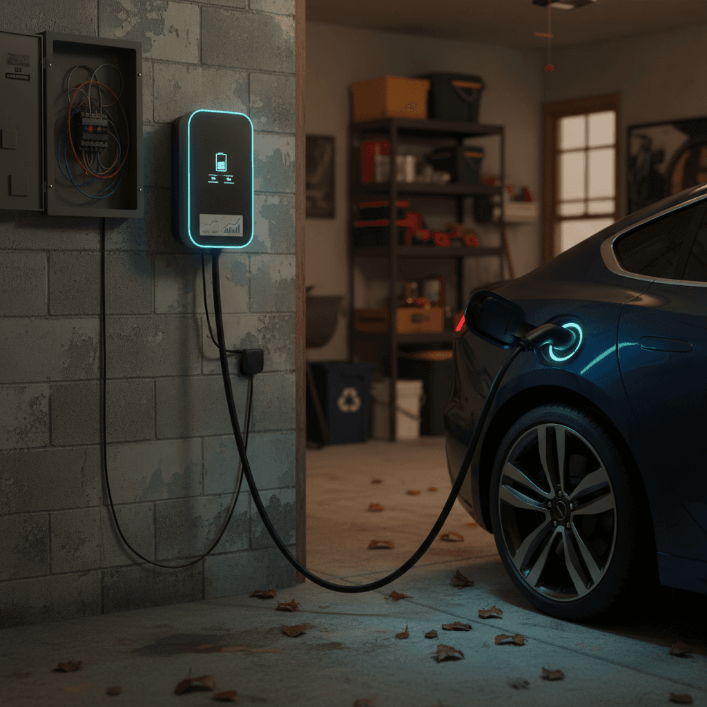 Electric vehicle charging overnight at a home garage Level 2 charger