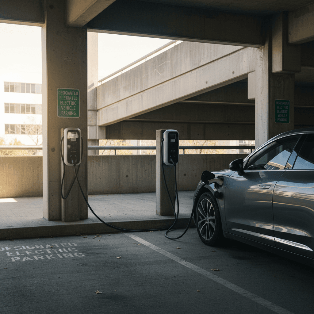 Lower level of a Silver Spring public parking garage with marked EV-only spots and Level 2 charging stations along a wall
