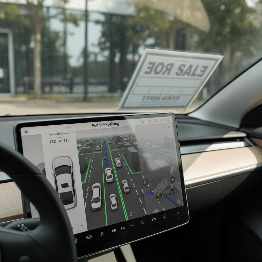 Tesla center touchscreen showing Full Self-Driving options while the car is parked with a for sale sign in the window