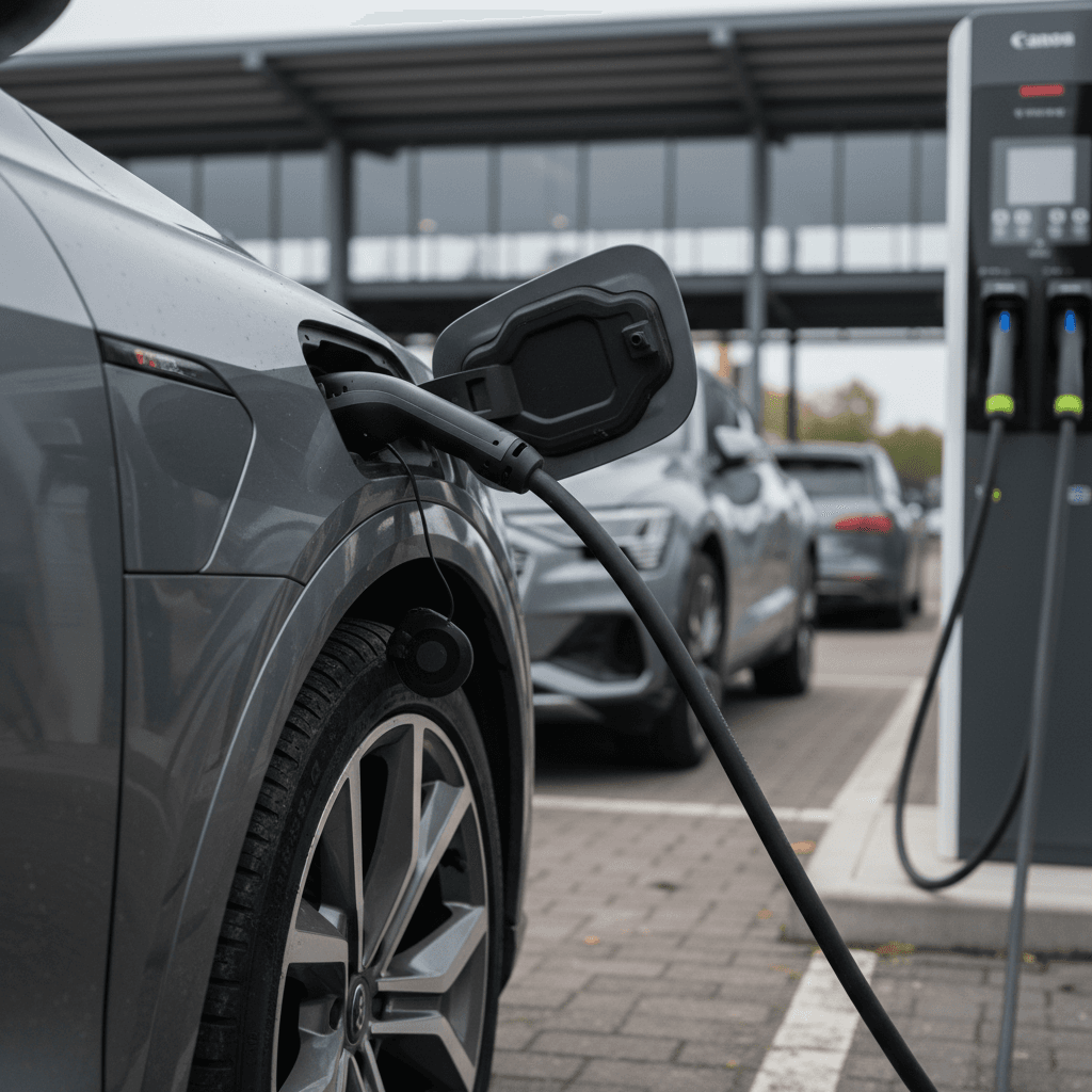 2025 Fiat 500e plugged into a public AC charger, showing its compact size and charging port location