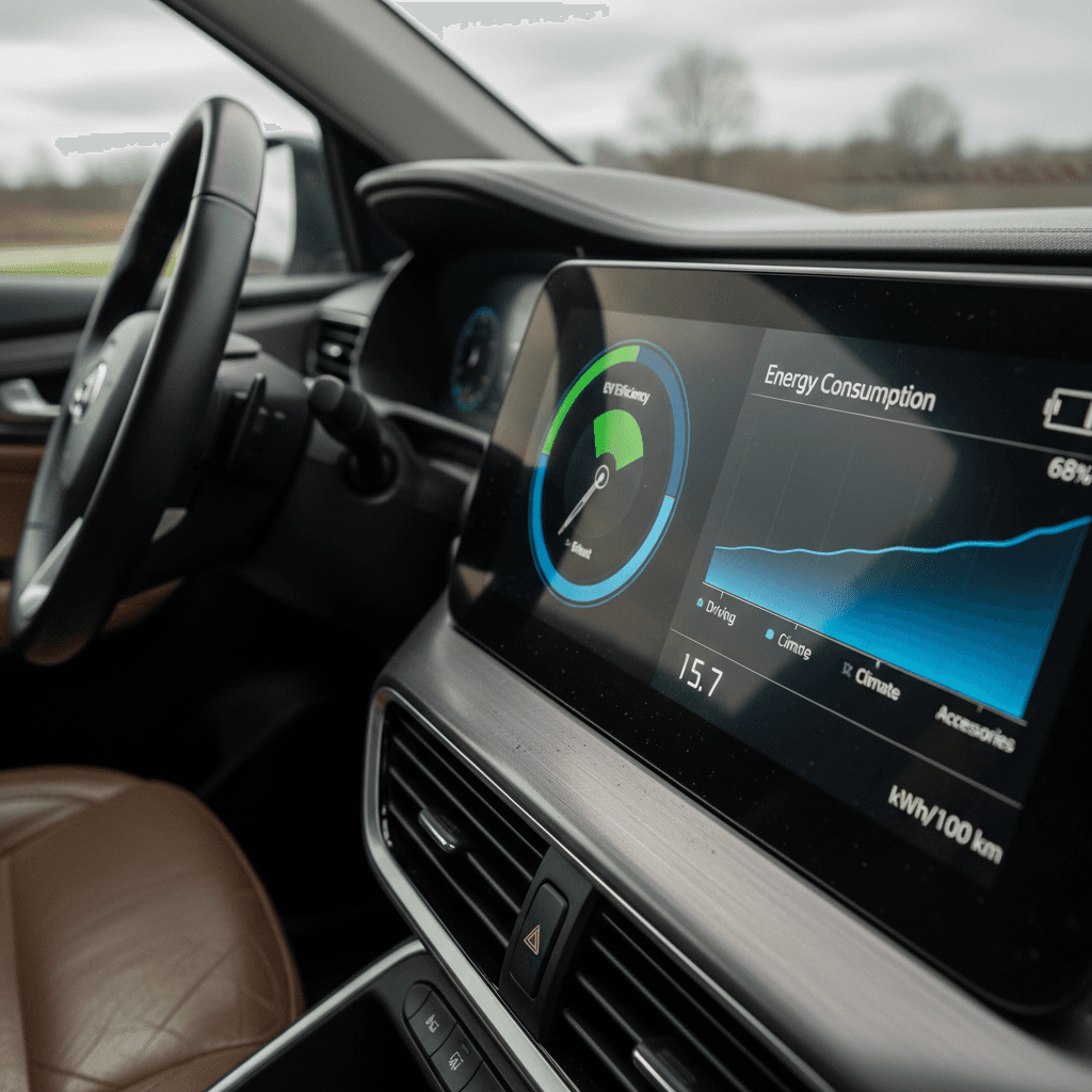 Digital instrument cluster in an electric car showing battery level and driving efficiency