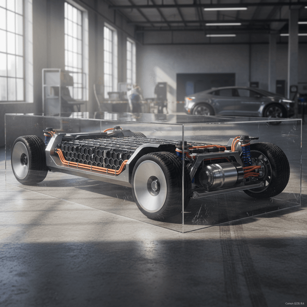 Technical cutaway of an electric SUV showing battery pack and motors in a skateboard-style chassis