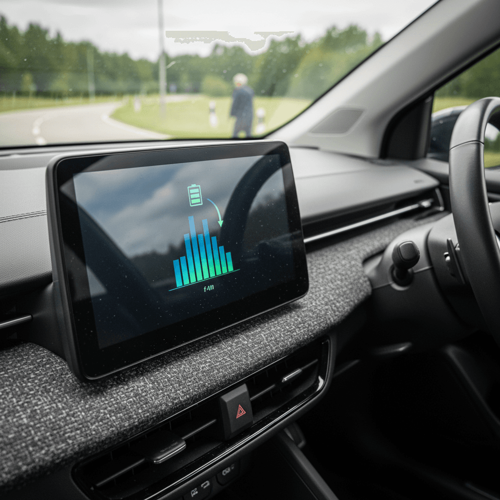 Electric vehicle dashboard showing power flow during regenerative braking