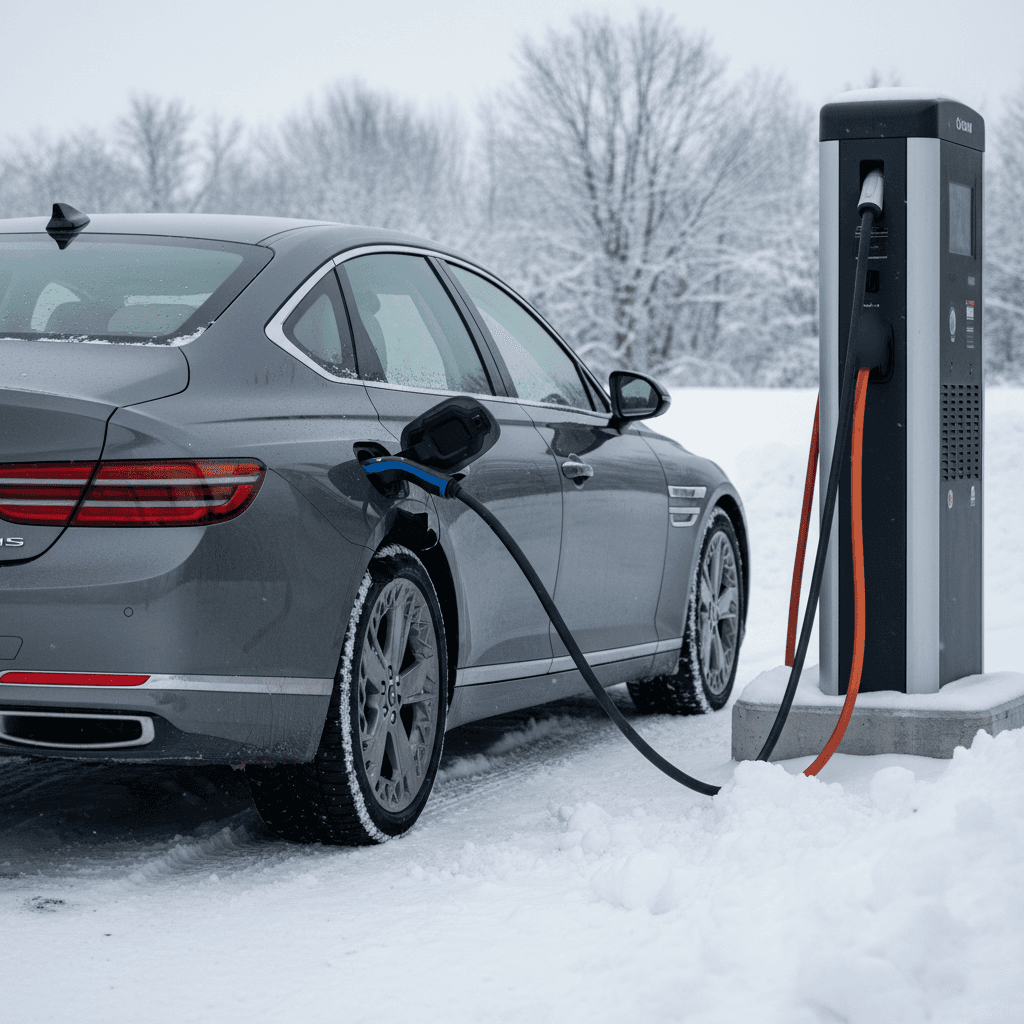 Genesis Electrified G80 connected to a DC fast charger in a snowy parking lot, illustrating winter charging conditions