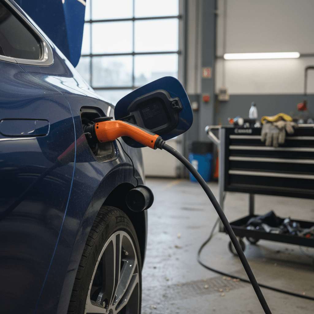 Technician using a diagnostic laptop while working on an electric vehicle in a repair bay