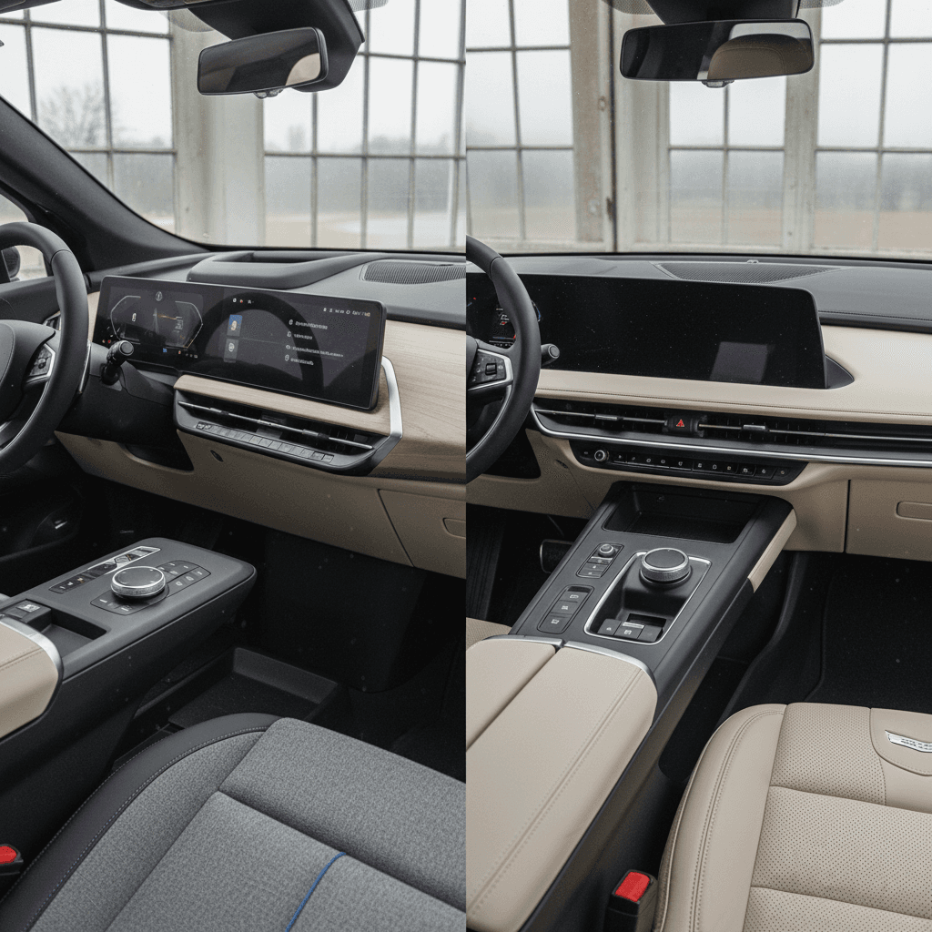 BMW iX and Cadillac Lyriq interiors showing different dashboard designs and seating styles