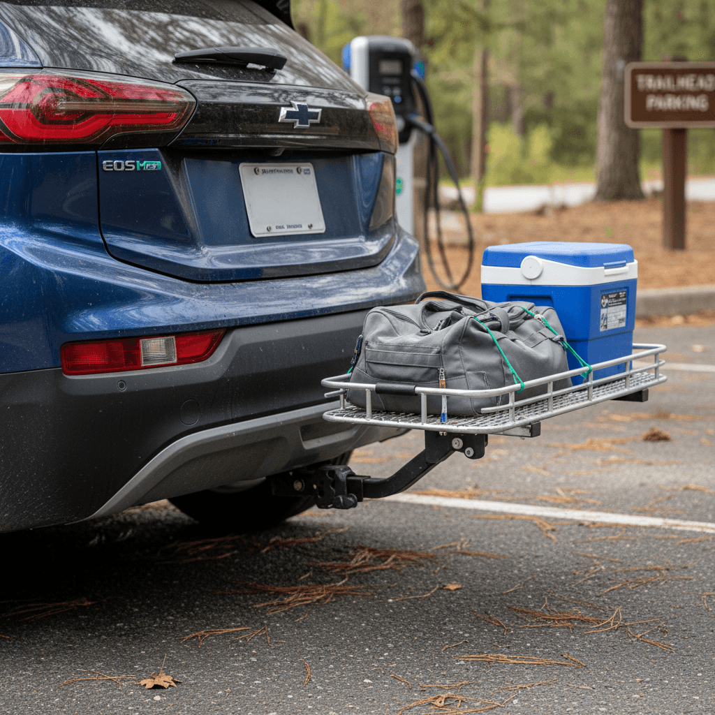 Chevy Bolt EUV rear bumper with a 2-inch hitch receiver and lightweight cargo rack installed