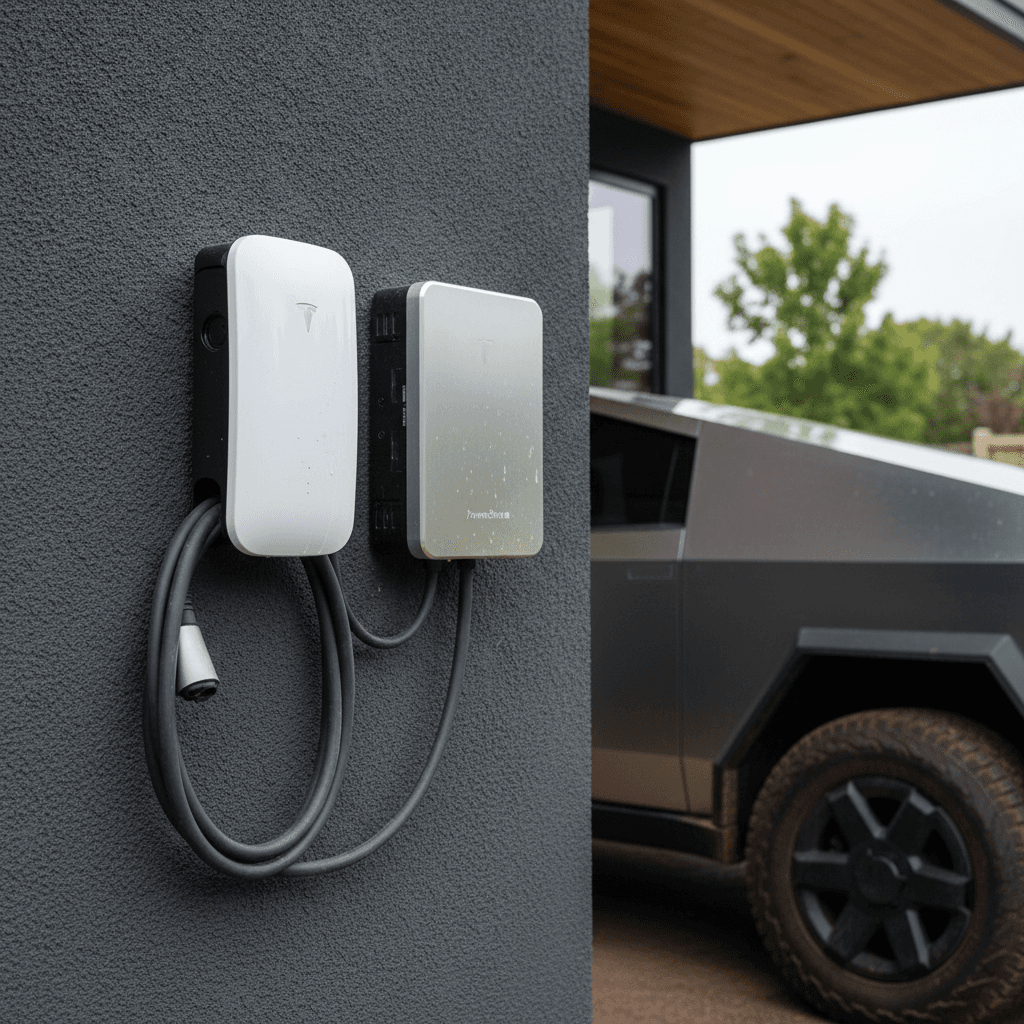 Tesla Universal Wall Connector and Powershare Gateway installed together, with Cybertruck parked nearby