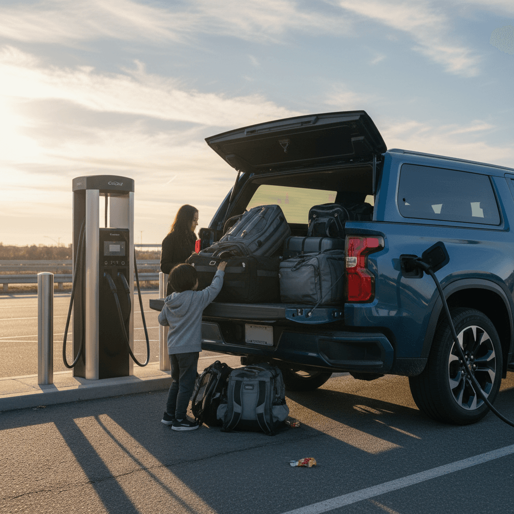 Family loading luggage into a Chevy Silverado EV while it charges at a highway DC fast charging station