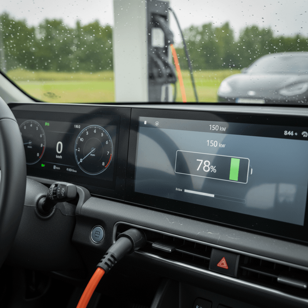 Kia EV9 dashboard charging screen showing DC fast charging power and state of charge climbing from 10 to 80 percent