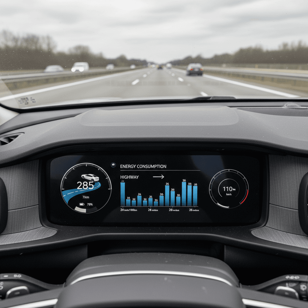 Driver view of a 2022 Polestar 2 range and energy screen during a highway trip