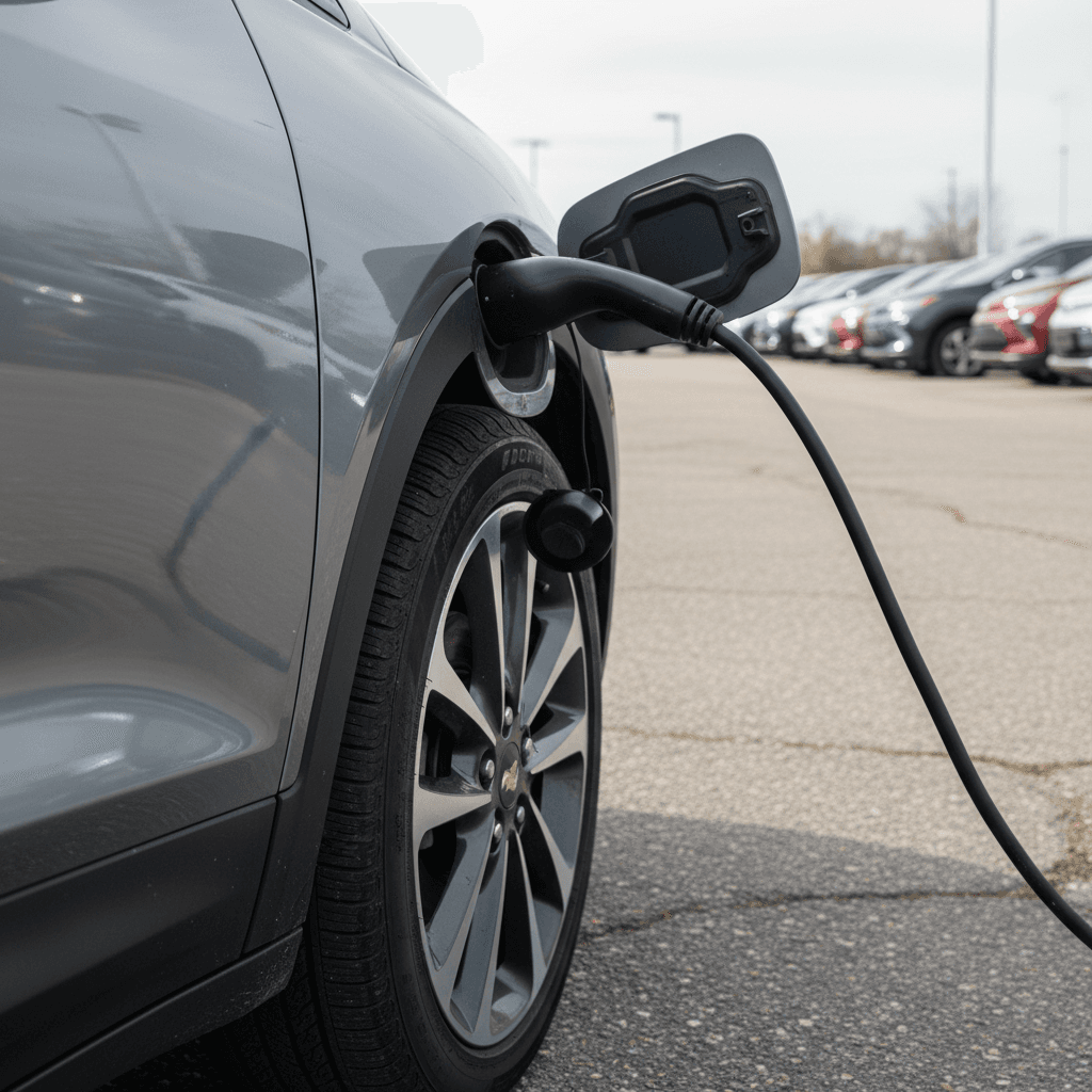 Used Nissan Ariya parked in a dealer lot, plugged into a charger