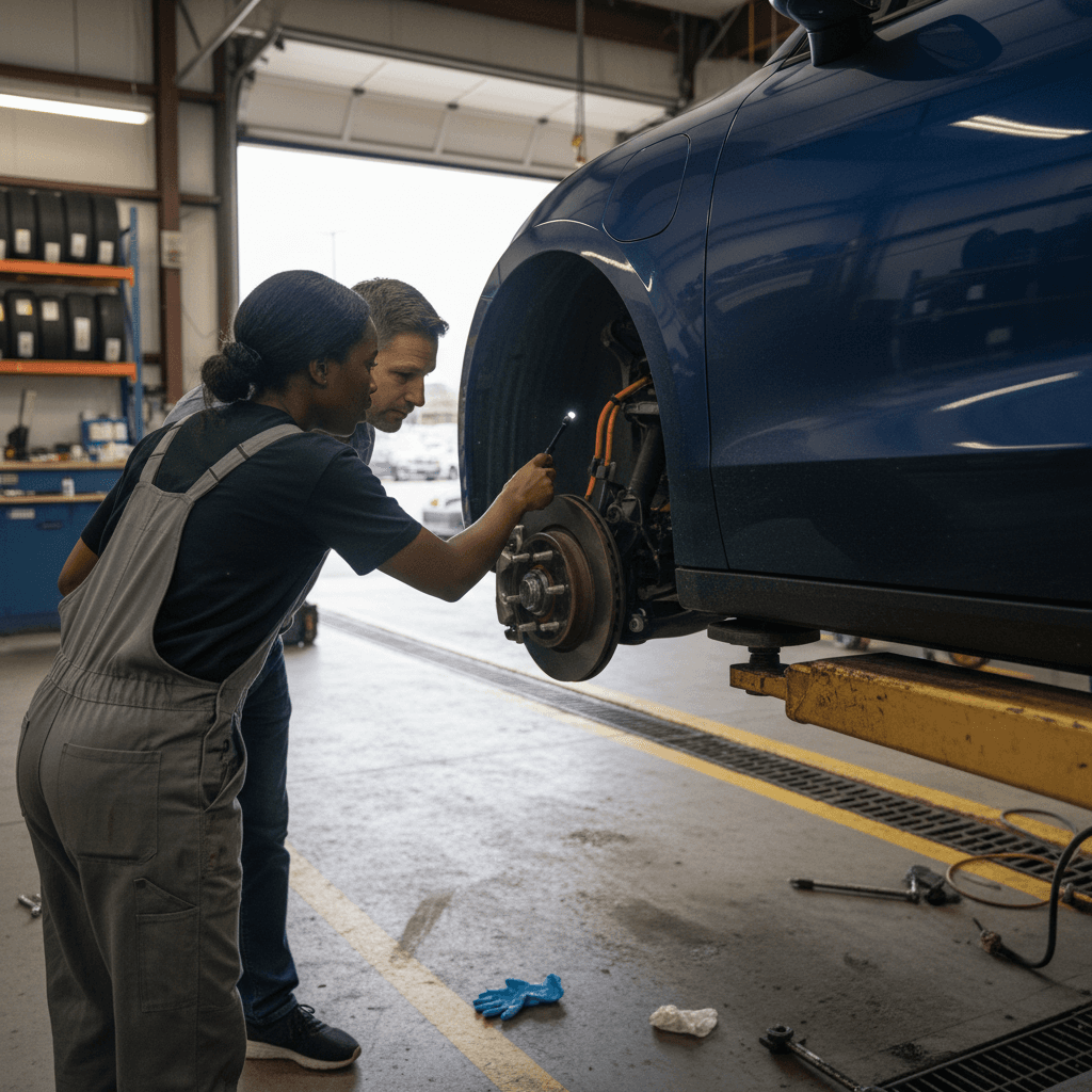 Technician and customer inspecting the underbody and wheels of an electric car in a service bay