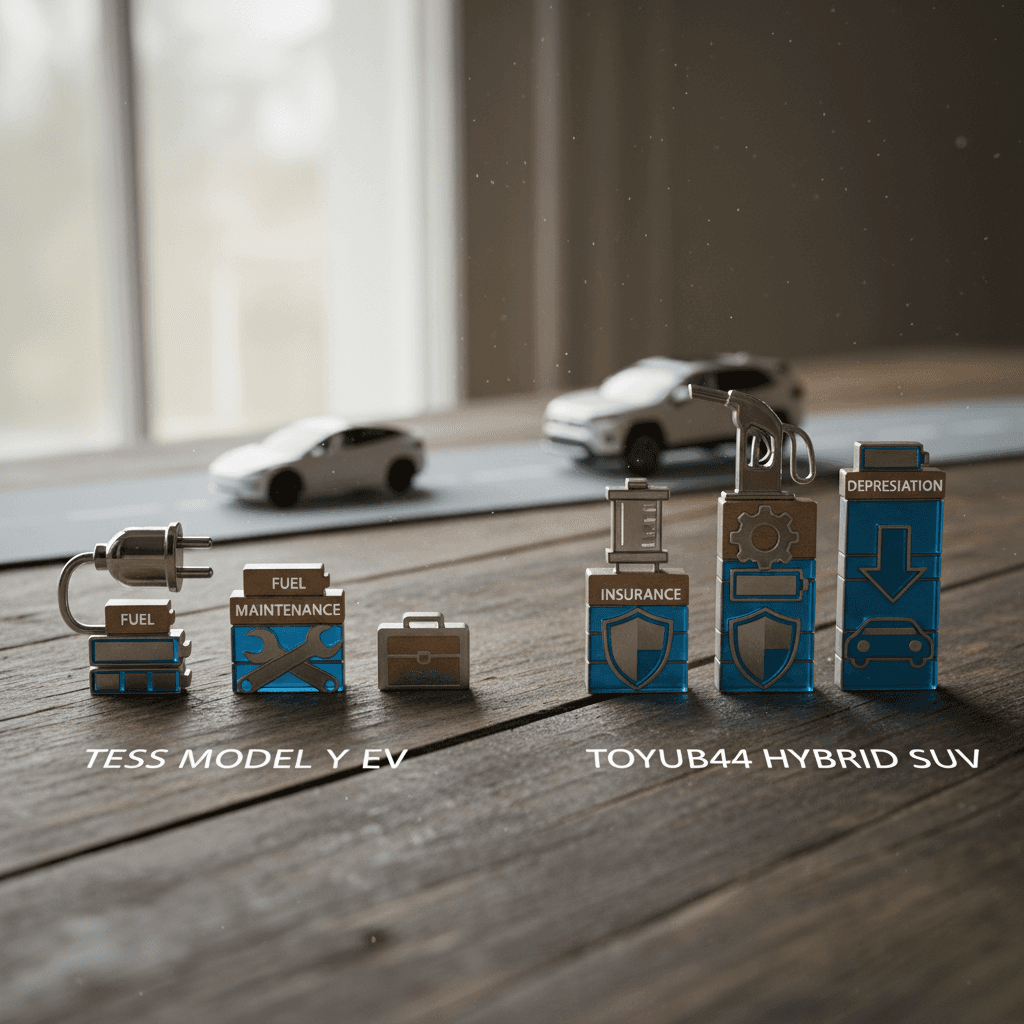 Side-by-side cost comparison graphic summarizing energy, maintenance, insurance, and depreciation for an electric SUV and a hybrid SUV