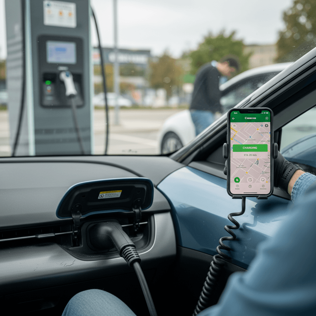 Uber driver checking rideshare app while their electric car charges at a public fast charging station
