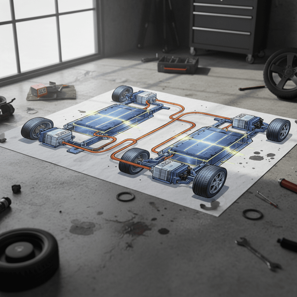Illustration of an EV platform showing a single rear motor alongside a dual motor all-wheel-drive layout for comparison.